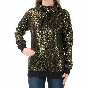 Material Girl Size S Hoodie Drop Shoulder Scuba Neck Active Shiny Black Gold